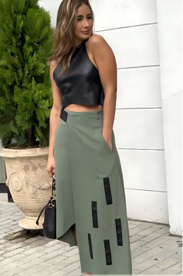 Almendra | Conjunto Falda Wrap con Top Negro Corto